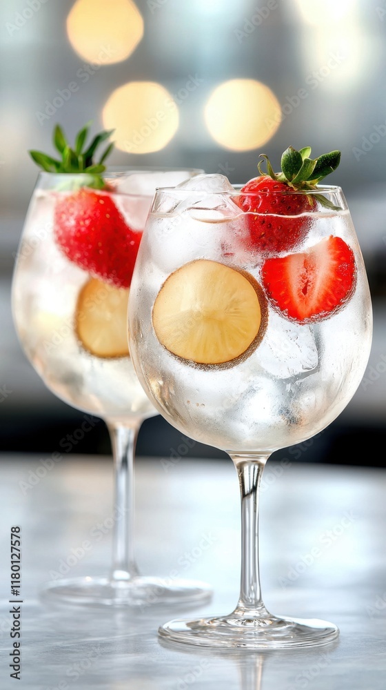 Two glasses of gin and tonic with strawberries and a slice of pineapple Two glasses of gin and tonic with strawberries and a slice of pineapple