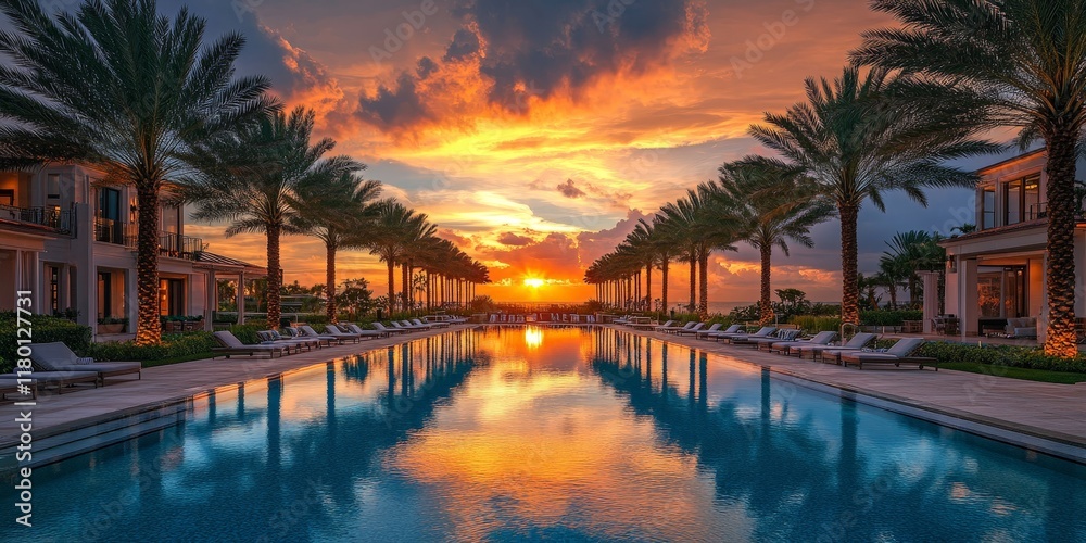Obraz premium A vibrant Miami bay sunrise scene with sparkling water and warm hues, evoking tranquility and tropical elegance, perfect for travel promotions.