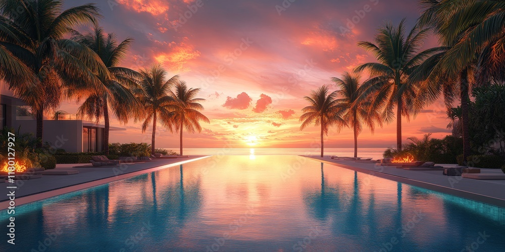 Fototapeta premium A vibrant Miami bay sunrise scene with sparkling water and warm hues, evoking tranquility and tropical elegance, perfect for travel promotions.