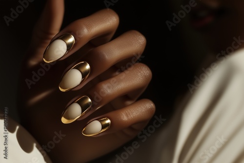 Photograph of a hand with gold and cream dual-tone nail design photo