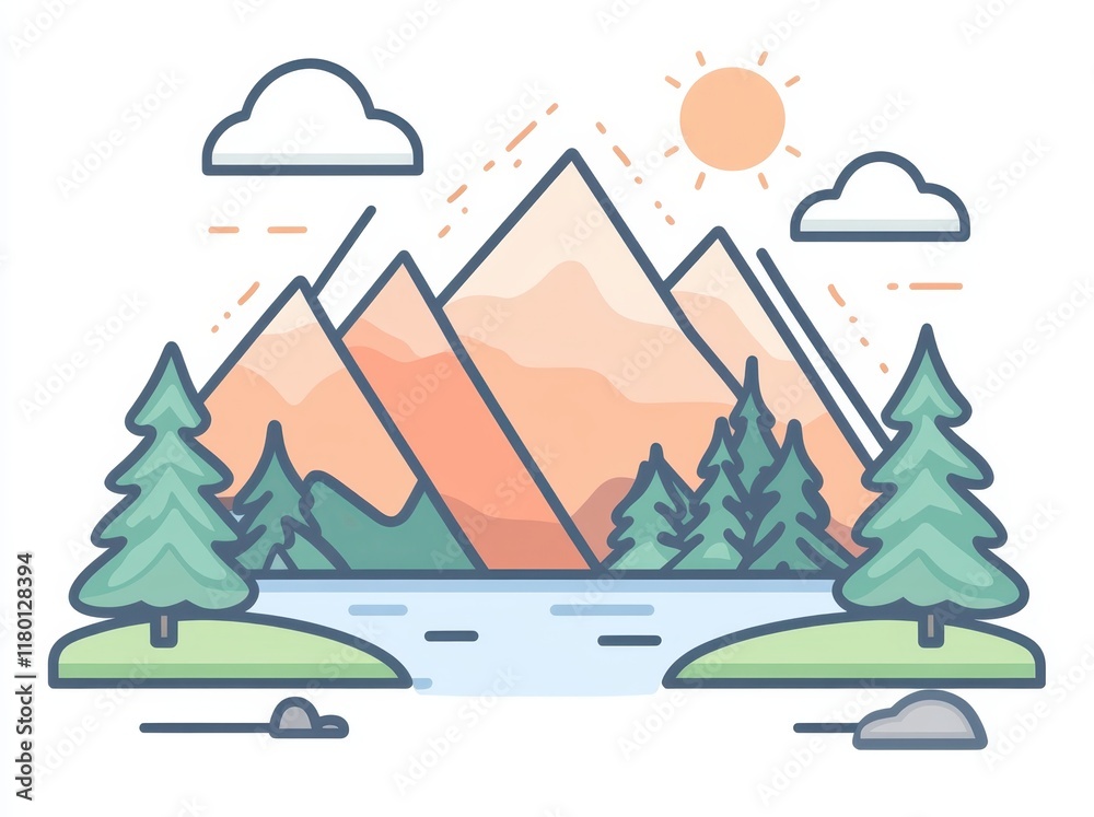 Flat illustration of a beautiful landscape with mountains, trees, and a lake. The design features simple shapes, pastel colors, and a sunrise. Flat illustration of a beautiful landscape with mountains, trees, and a lake. The design features simple shapes, pastel colors, and a sunrise.
