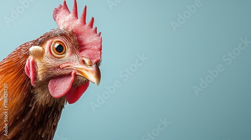  A close up of a rooster's head with a blue background photo