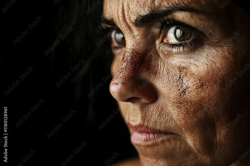 Woman with visible scars, crying and looking at the viewer, symbolizing resilience and emotional pain in recovery Woman with visible scars, crying and looking at the viewer, symbolizing resilience and emotional pain in recovery