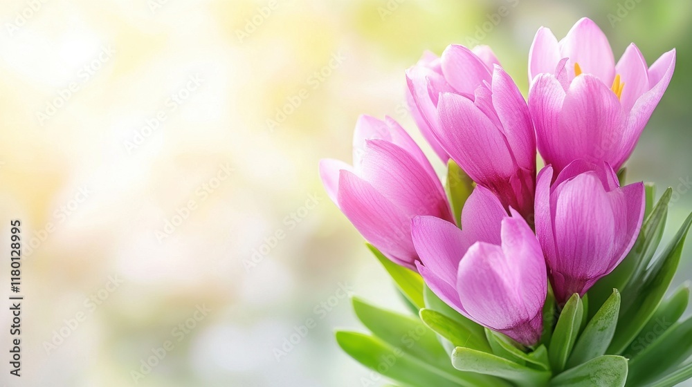 Fototapeta premium A bunch of pink flowers with green leaves in a vase