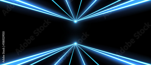 Laser beams, concert or nightclub spotlights light effect. Lasers in motion, abstract perspective background. Vector illustration.