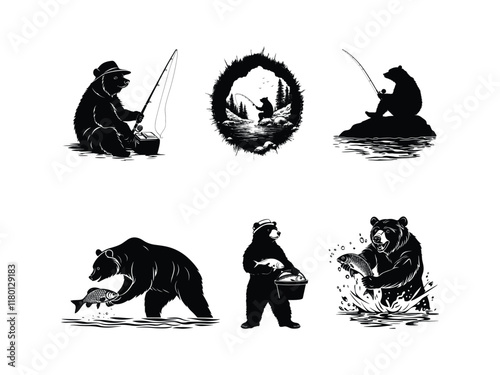 Bear Fishing Silhouettes: Wildlife Clipart for Creative Designs
