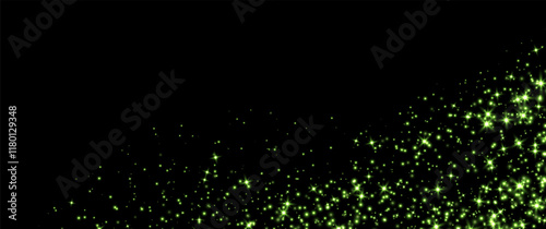 Green stars and sparkles, magic star dust background, light effect with flares. Shiny particles, glowing shimmer. Holiday decoration. Vector illustration.