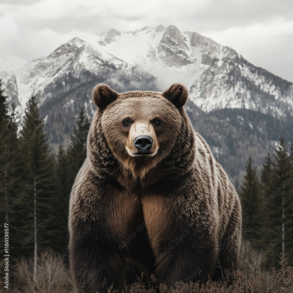 Fototapeta premium Wildlife scene featuring a large brown bear standing on a grassy field