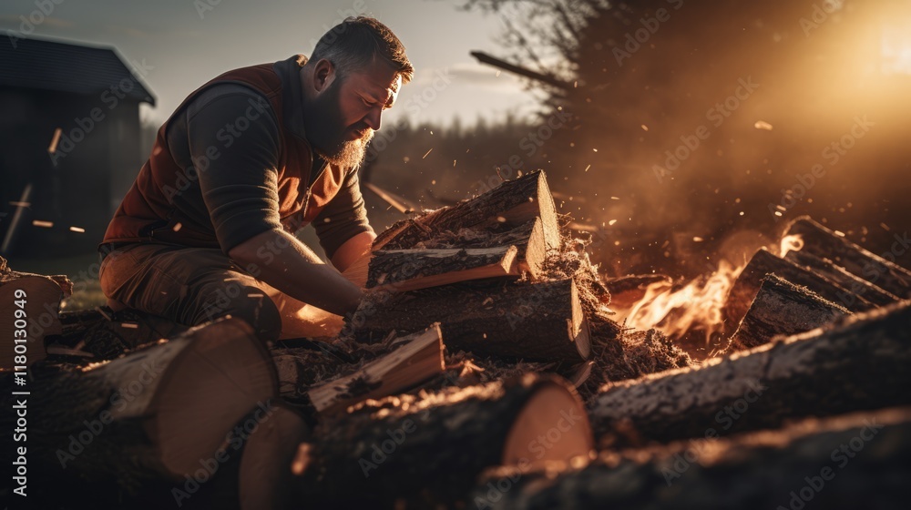 A man with an electric saw cutting down a forest. felled tree trunks. Conservation of nature. prohibition of cutting down trees A man with an electric saw cutting down a forest. felled tree trunks. Conservation of nature. prohibition of cutting down trees