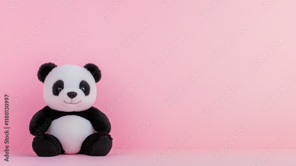 Black and white panda plush toy on a pink background, minimalistic design with copy space, stuffed animal for children’s decor or gift idea, cute and playful.

