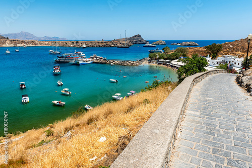 Fototapeta Naklejka Na Ścianę i Meble -  Beautiful view of Lindos Bay in Rhodes Island, Greece