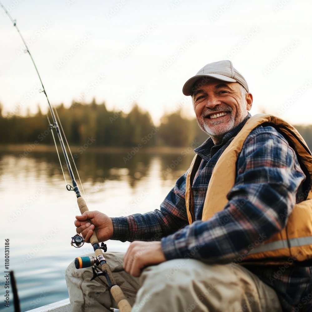 A person sitting in a small boat, holding a fishing rod and waiting for a catch A person sitting in a small boat, holding a fishing rod and waiting for a catch