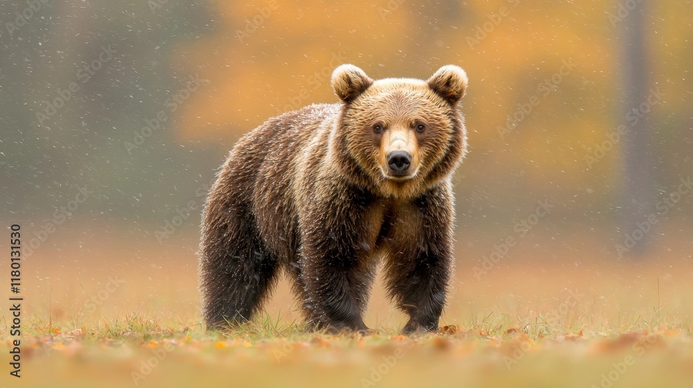 Fototapeta premium A brown bear walking through a grassy field in the rain
