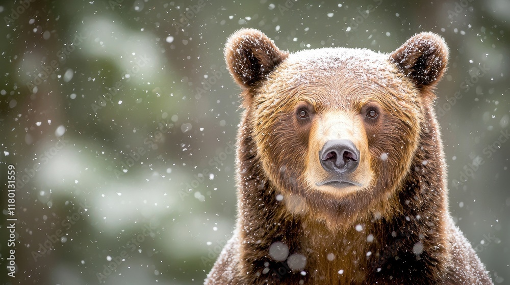 Obraz premium A brown bear standing in the snow looking at the camera