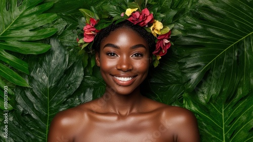 A woman with a flower crown on her head smiles at the camera