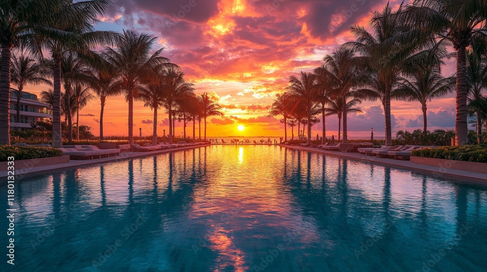 Obraz premium A vibrant Miami bay sunrise scene with sparkling water and warm hues, evoking tranquility and tropical elegance, perfect for travel promotions.
