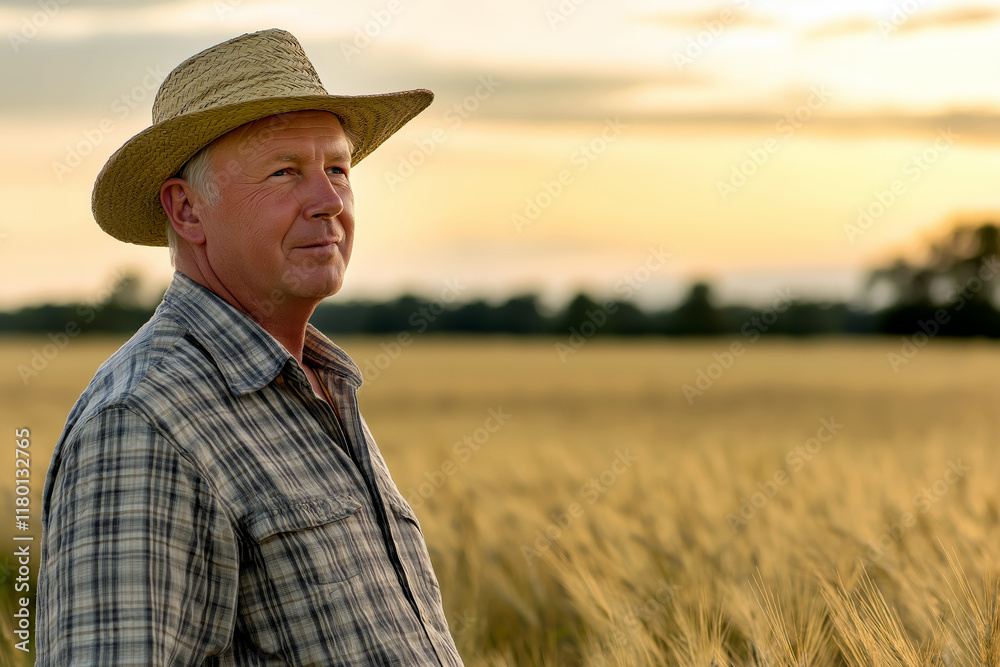 Portrait of a hardworking farmer standing in a golden wheat field at sunset, wearing a straw hat and plaid shirt, looking proudly at the horizon. Portrait of a hardworking farmer standing in a golden wheat field at sunset, wearing a straw hat and plaid shirt, looking proudly at the horizon.