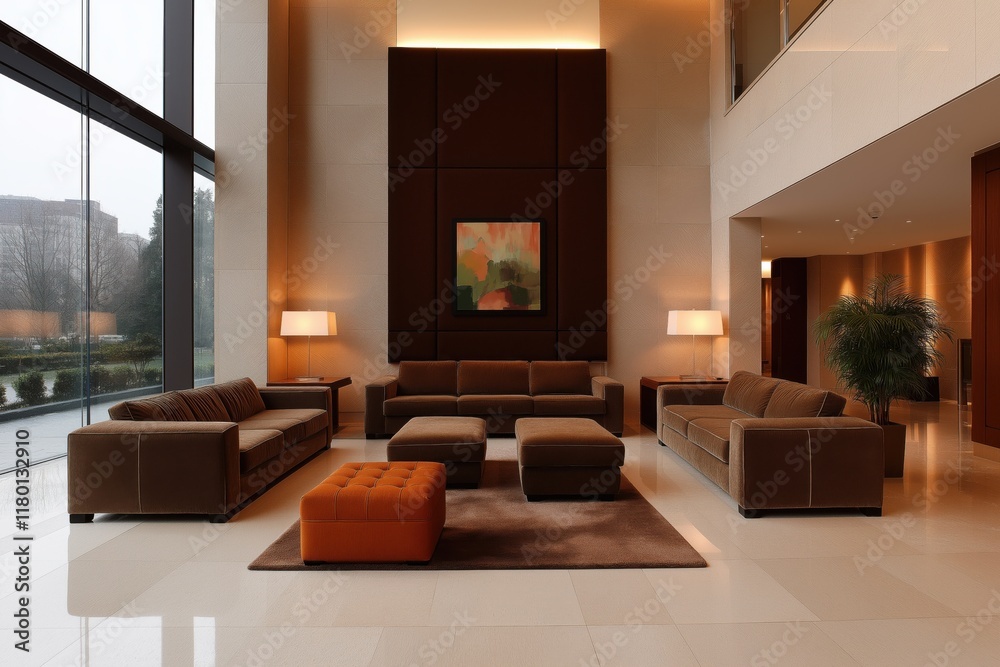 Fototapeta premium Modern luxury hotel lobby with brown sofas and large windows