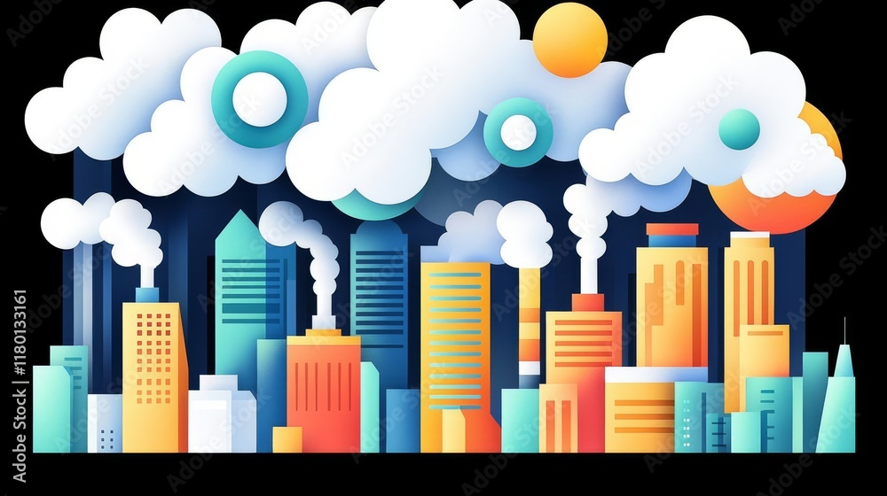 Fototapeta premium A vibrant cityscape with colorful buildings and whimsical clouds.