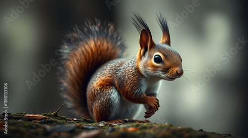 A squirrel with reddish brown fur, sitting on a mossy branch photo