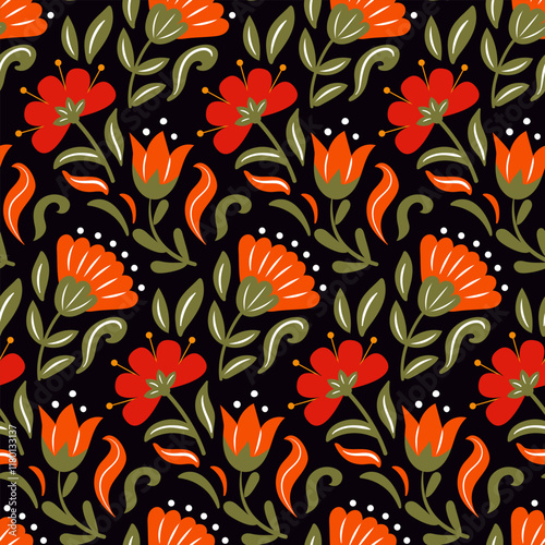 vector illustration featuring Scandinavian-style floral patterns infused with Slavic elements. This artwork combines intricate motifs and vibrant colors, ideal for textiles, wallpapers, and home decor