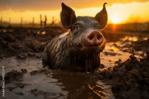Muddy pig enjoys a relaxing wallow in a mud puddle during a golden hour sunset