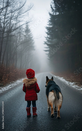 A Child in a Red Hat Walking with a Loyal Dog on a Misty Forest Road, Highlighting Friendship, Companionship, and Peaceful Outdoor Moments photo