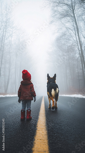 A Child in a Red Hat Walking with a Loyal Dog on a Misty Forest Road, Highlighting Friendship, Companionship, and Peaceful Outdoor Moments photo