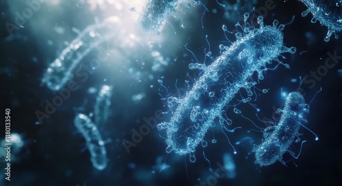 Bacteria, blue and white color scheme, dark background with light effects. The human-like forms are made up of chain-like particles