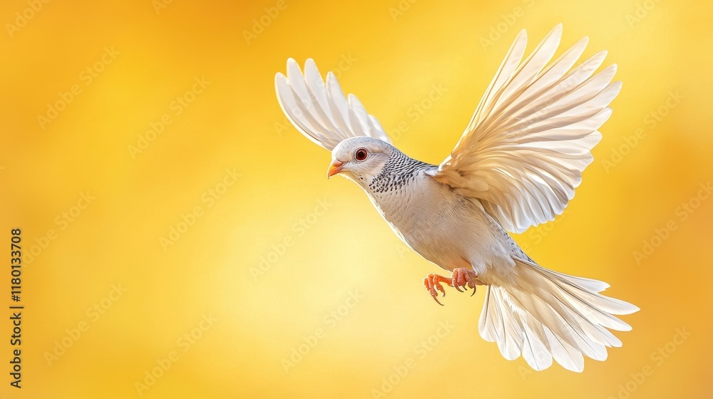 Fototapeta premium A white bird flying through the air with its wings spread