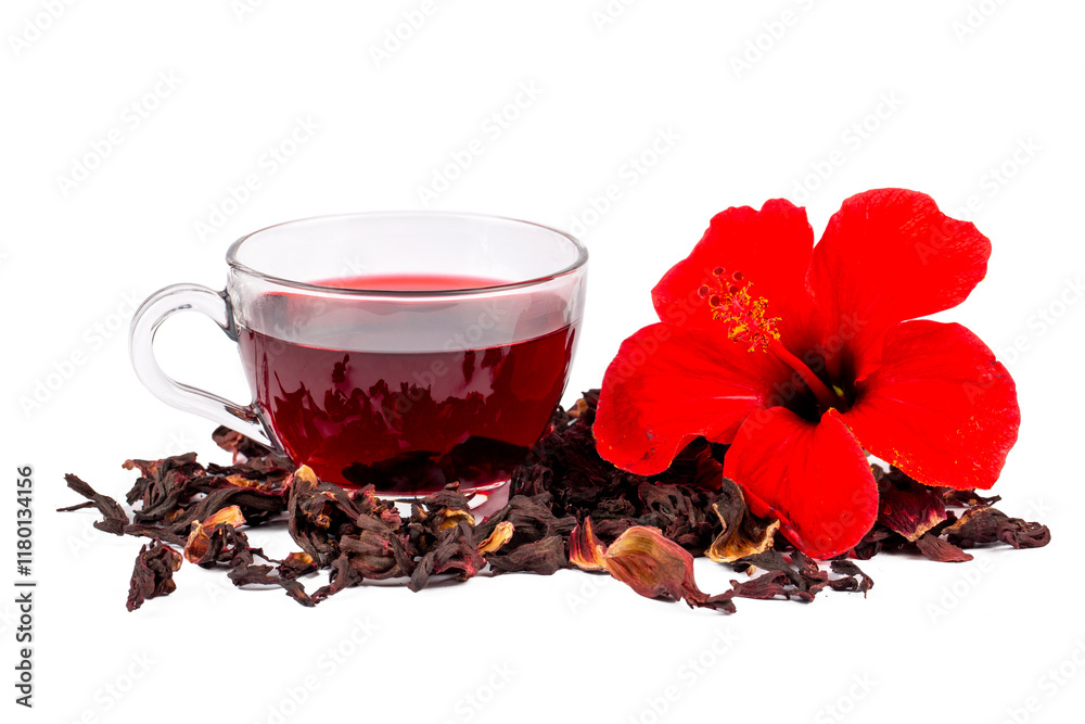 Hibiscus tea, flower and dry blossom