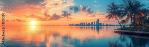 A vibrant Miami bay sunrise scene with sparkling water and warm hues, evoking tranquility and tropical elegance, perfect for travel promotions.