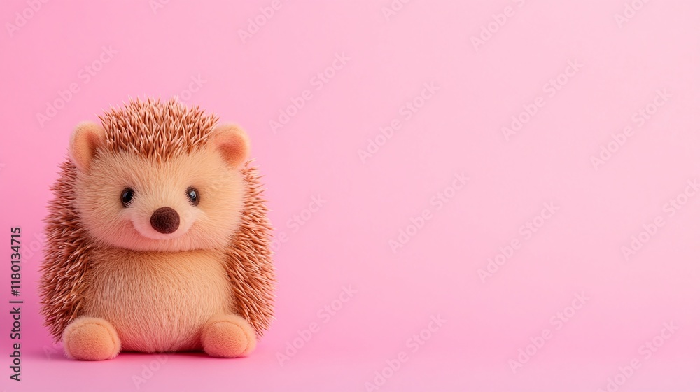 Fototapeta premium Plush hedgehog toy, pink background, soft toy close-up, minimalistic children’s decor, cute animal design, copy space for text, playful kids’ accessory