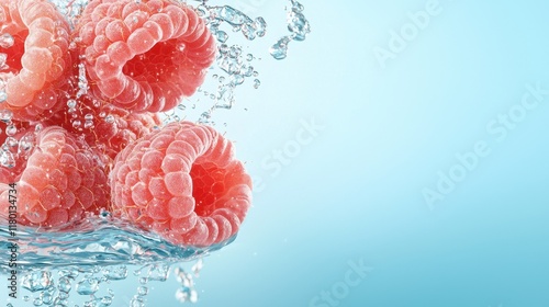 A bunch of raspberries falling into the water