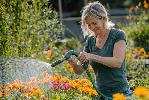 Fototapeta Naklejka Na Ścianę i Meble -  Middle-aged woman watering flowers in garden
