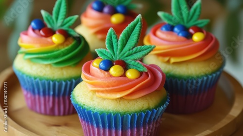 Cannabis-themed rainbow cupcakes with cannabis leaf and candy decorations photo