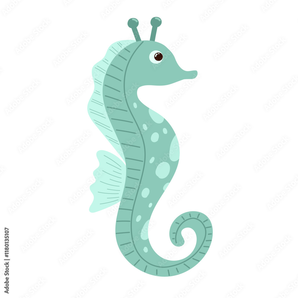 Fototapeta premium Cute seahorse for children background. Under the sea, water animal character, ocean fauna. Flat vector design. 