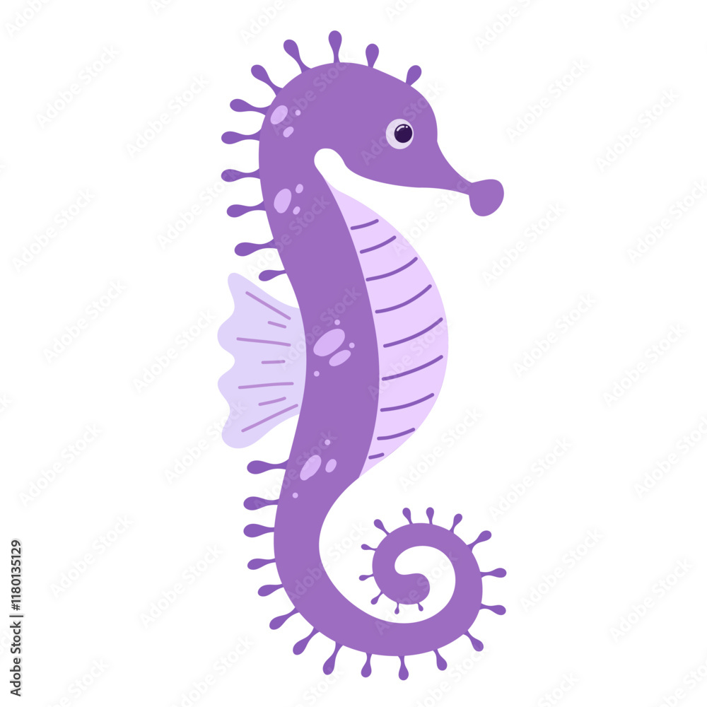 Fototapeta premium Cute seahorse for children background. Under the sea, water animal character, ocean fauna. Flat vector design. 