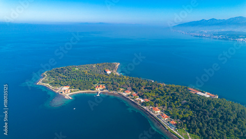 Aerial drone view of Urla district of Izmir, Turkey's third largest city. Iskele - Karantina island - Turkey photo