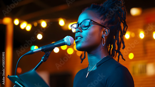 Engaging audience with heartfelt words, a young woman captivates listeners at night event