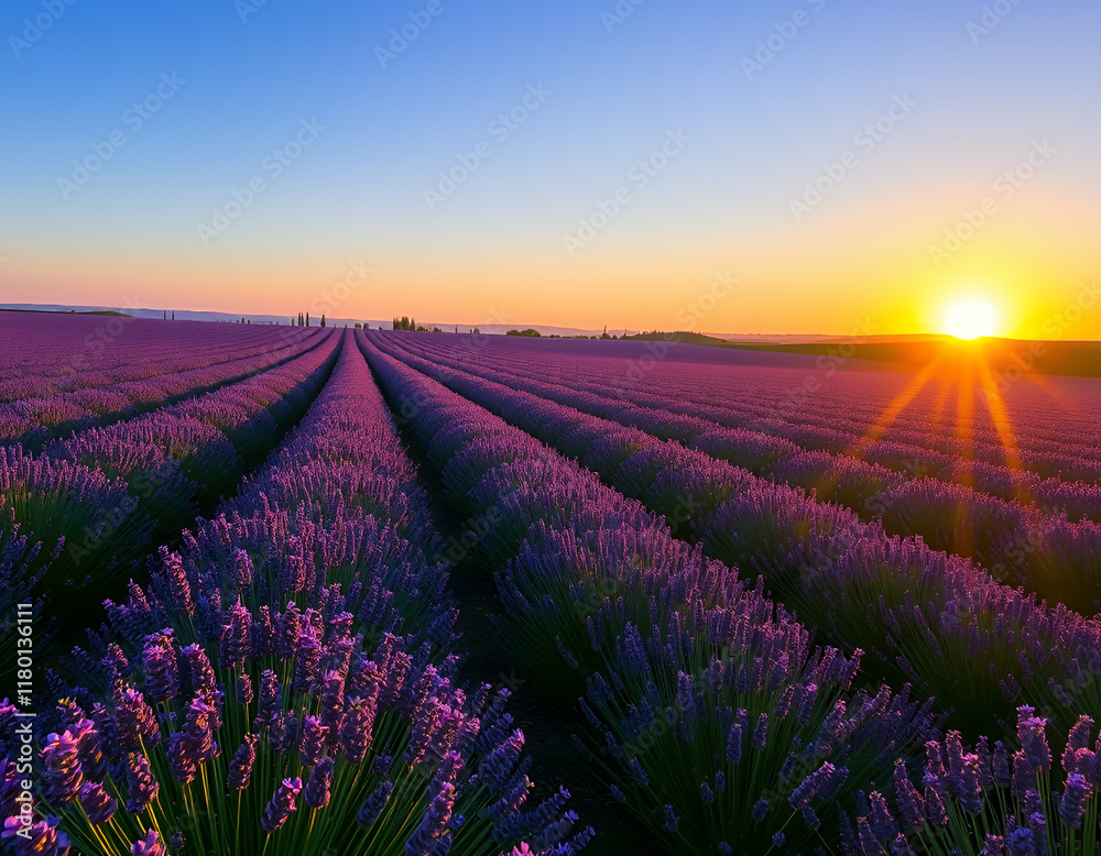 Naklejka premium The vibrant purple lavender flowers create a breathtaking landscape as the sun sets over the field in Provence