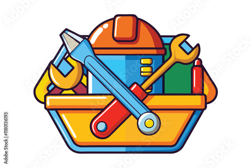 Colorful cartoon toolbox with various repair tools, including wrenches, screwdriver, hammer, and flashlight, on a white background