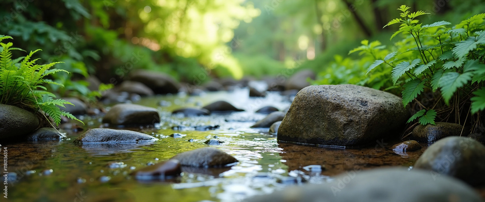 Gentle Stream Flowing Over Stones Amidst Lush Greenery Reflecting Natural Tranquility Gentle Stream Flowing Over Stones Amidst Lush Greenery Reflecting Natural Tranquility