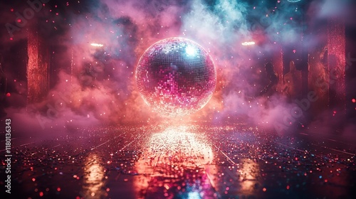Cosmic Orb: A mesmerizing digital art piece depicting a vibrant, glowing orb suspended in a surreal, smoky landscape. The scene is awash in neon pink and blue hues.