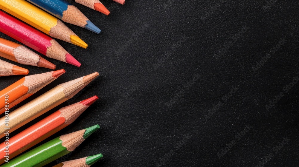 A group of colored pencils arranged in a circle on a black surface A group of colored pencils arranged in a circle on a black surface