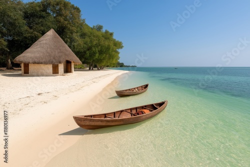 Tranquil tropical beach with wooden canoes and thatched hut