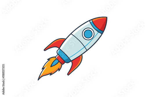 Colorful cartoon rocket icon with flame exhaust, designed in vibrant style, representing space travel, innovation, and creativity