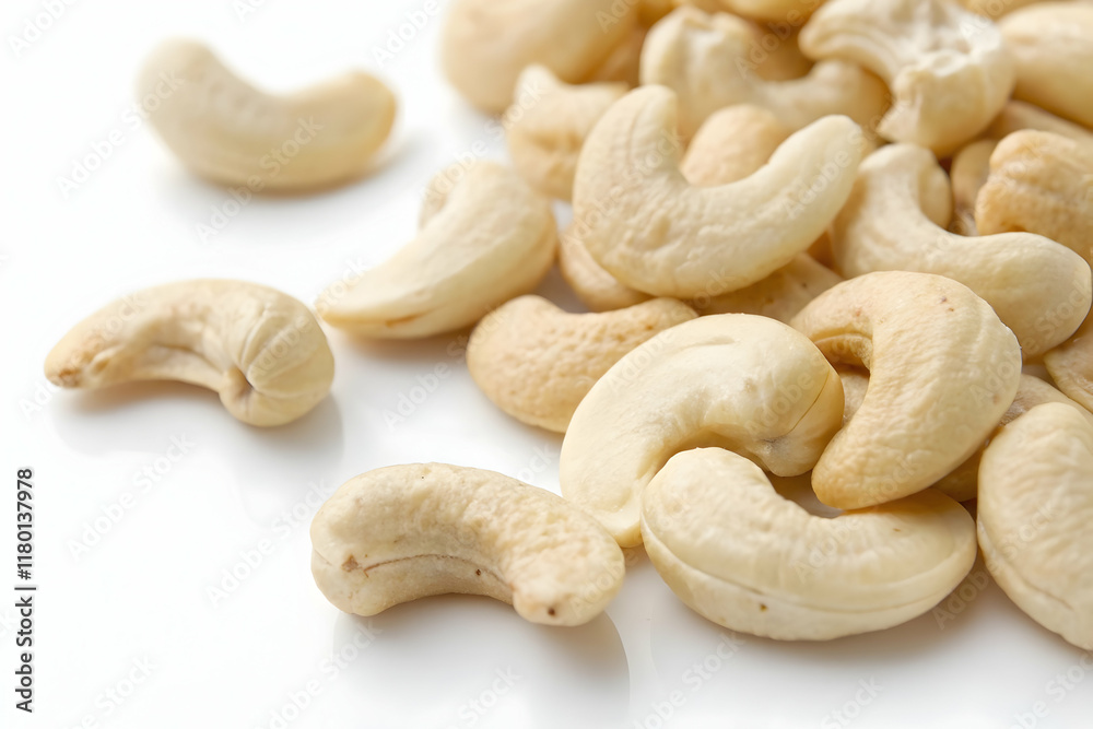Raw Cashew Nuts on White Background - Healthy Plant-Based Snack Raw Cashew Nuts on White Background - Healthy Plant-Based Snack