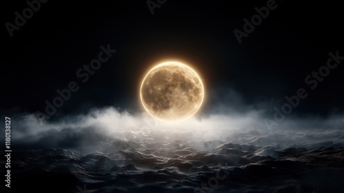 A full moon rising over the ocean with clouds in the foreground photo