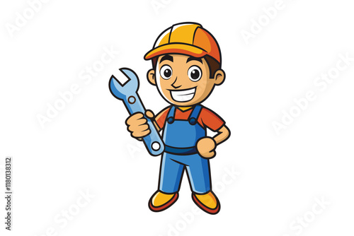 cheerful cartoon repairman holding a large wrench, wearing an orange hard hat and blue overalls, isolated on white background